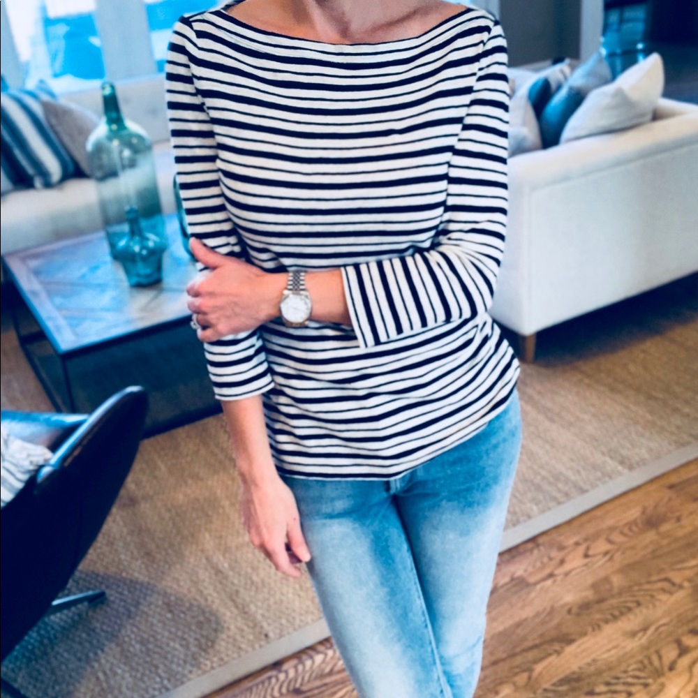 Tory Burch 3/4 Sleeve Linen Striped Nautical Top